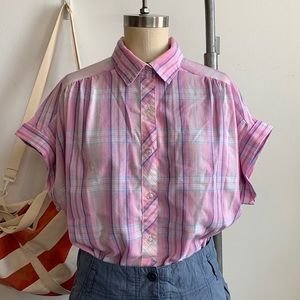 Pink purple and blue plaid batwing buttonfront blouse